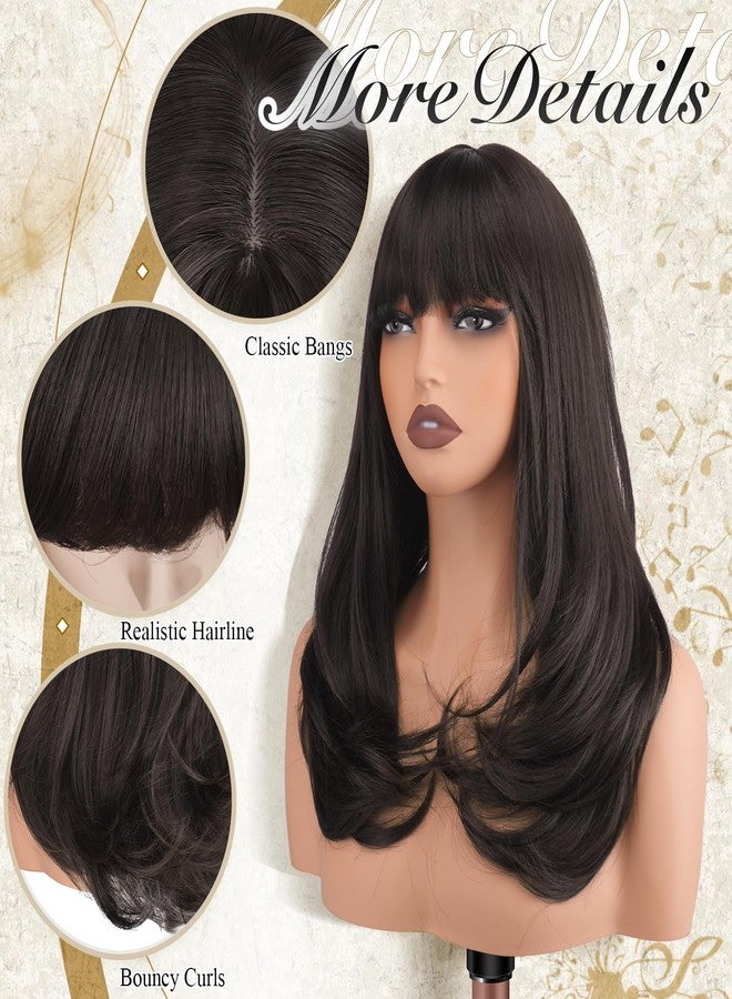 FESHFEN Long Wigs with Bangs, Synthetic Natural Looking Layered Straight Hair Wig for Women Daily Party Use 18 inch, Brown - Image 3
